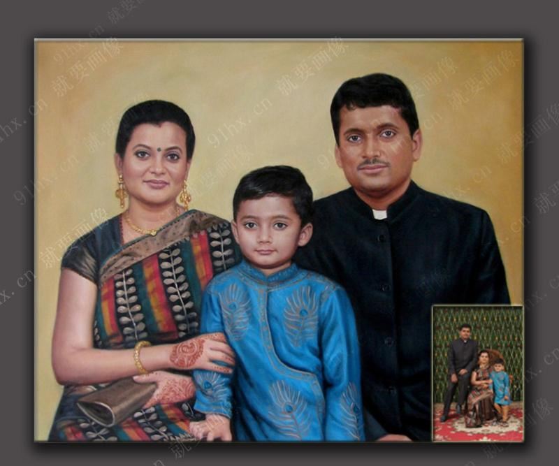 全家福油画肖像-印度人的一家三口的肖像油画