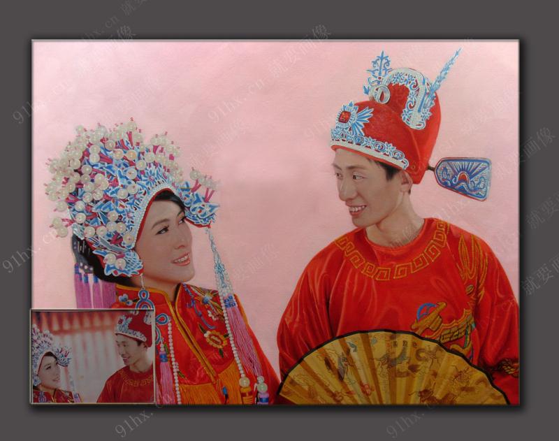 传统中式结婚照油画,婚纱照片定制手绘婚纱油画,结婚创意的礼物