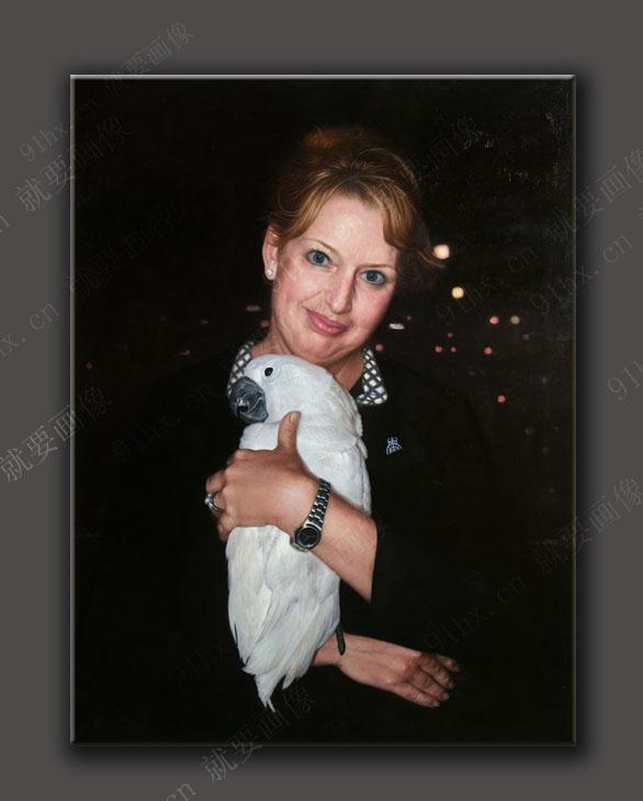 写实肖像油画主人跟宠物鹦鹉的油画定制