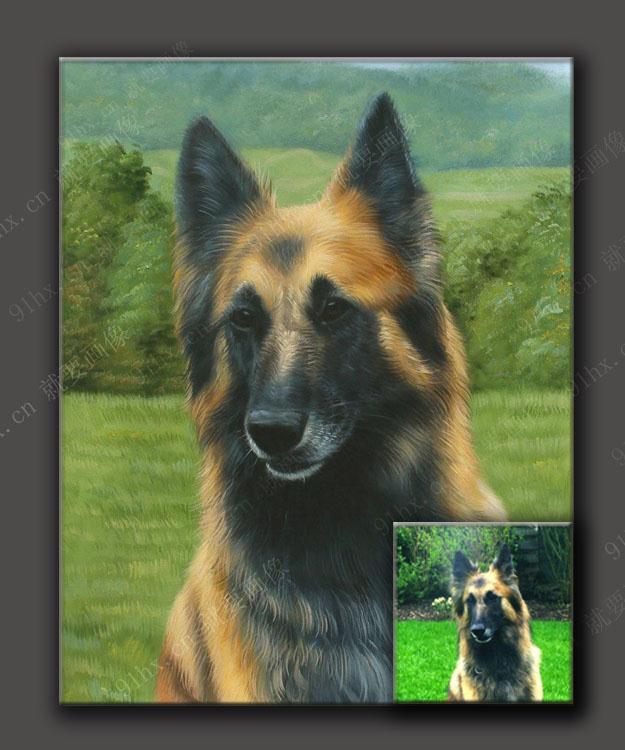 宠物肖像油画,德国牧羊犬油画定制
