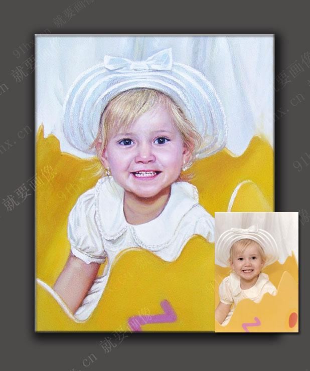 人物肖像手绘油画,照片手绘儿童油画,高档定制宝宝成长油画