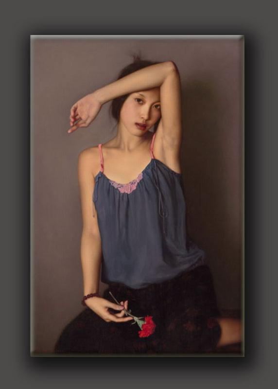 李贵君《女孩与康乃馨》女性肖像油画