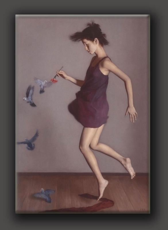 李贵君《女人与鸟》女人肖像油画