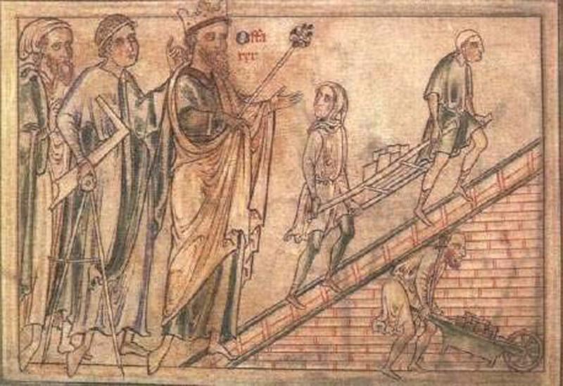 国王和他的建筑师(拿有两脚规和界尺)观看一座主教堂的建造现场(国王奥发在圣阿尔班教堂)