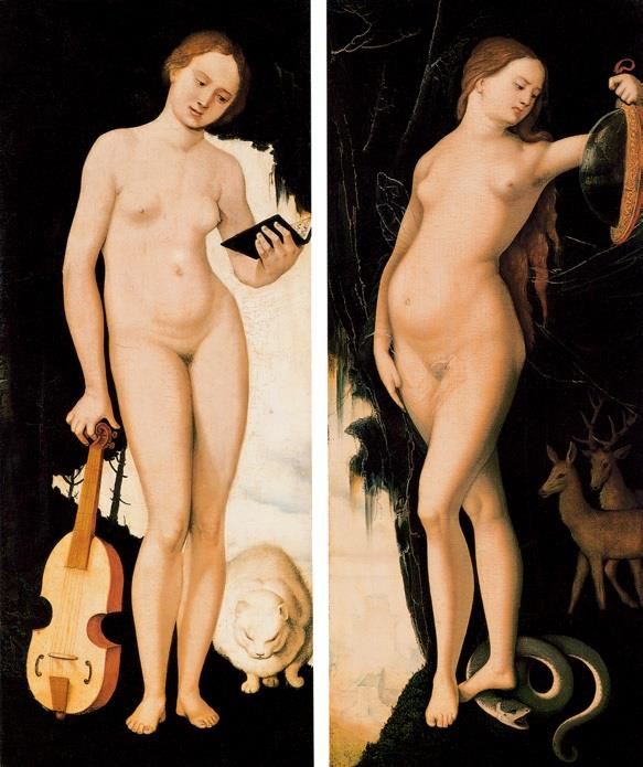 持乐谱和持镜子的女子 德国 格里恩 板上油画 纵82.5×横35.9厘米 慕尼黑老绘画馆藏