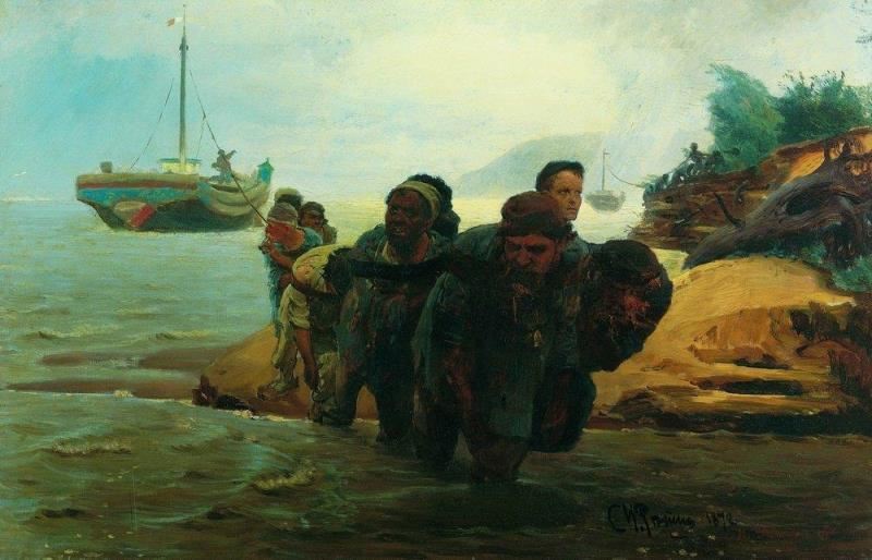 伏尔加河上的纤夫 俄国 列宾 布上油画纵131×横281厘米 圣彼得堡俄罗斯博物馆藏