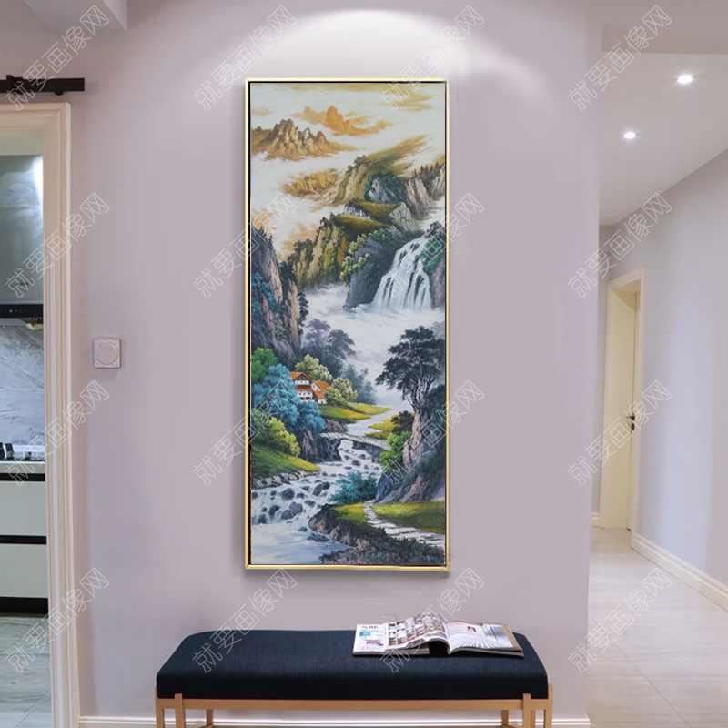 山水瀑布风景油画