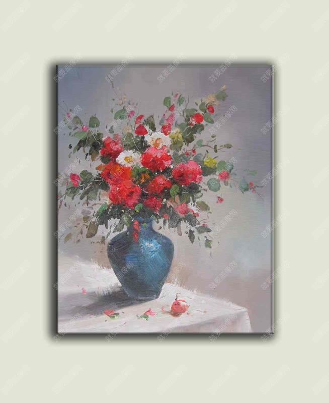 红花花艺花瓶装饰画油画