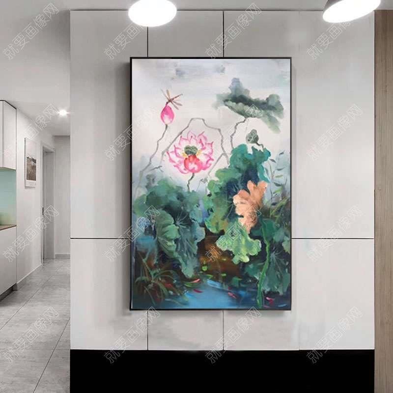 荷花荷叶蜻蜓手绘装饰画油画